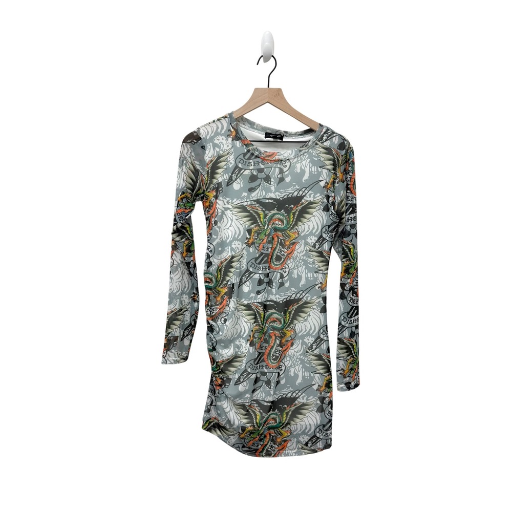 Ed Hardy Womens Tattoo Print Mesh Mini Dress Long Sleeve Side Ruched Grey Large